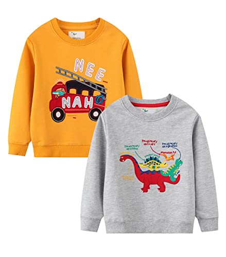 Image of LOKTARC Toddler Boys Graphic Crewneck Sweatshirts 2-Pack, Sizes 2T-7 | Cotton Blend French Terry, Dinosaur, Construction and Shark Graphics, Ribbed Trim, Preschool Daycare Outdoor