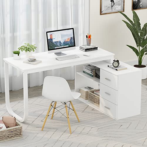 Aiegle L-Shaped Computer Desk With 3 Drawers & Adjustable Shelves, Corner Study Desk Writing Table, Executive Workstation For Home Office, White (55.1" L X 41.3" W X 29.5" H) #TOP2
