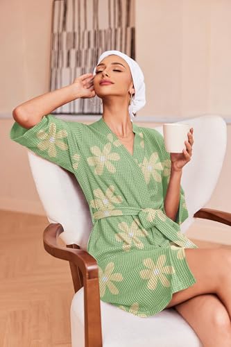 Image of Ekouaer Robes for Women Waffle Knit Bathrobe Soft Lightweight Knee Length Loungewear S-XXL