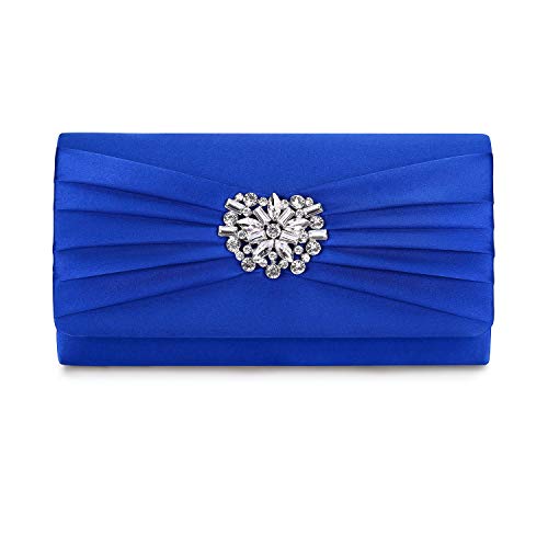 Image of Evening Bags For Women Pleated Satin Rhinestone Brooch Prom Clutch Purse With Detachable Chain Strap