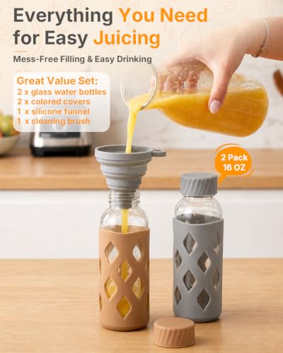 Image of Zukro 16 oz Glass Water Bottles with Lid & Silicone Sleeve, 2 Pack | Reusable Clear Juice Bottles, Stainless Steel Airtight Lid, 100% Leak Proof, For Juicing & Smoothie, BPA Free