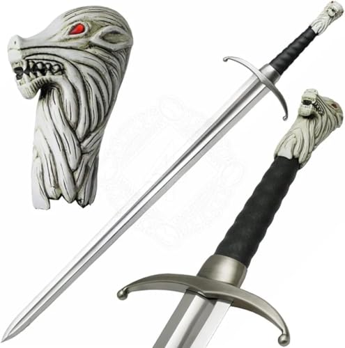 Longclaw Sword Replica Jon Snow Sword Handmade Damascus-Style Steel Blade with Wolf Pommel Leather Handle & Wall Mount Full Size Collectible Cosplay & Display (39 Inches)