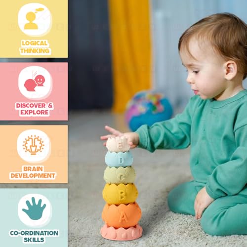 Image of Wembley Stacking Toys for Kids Baby Bath Toys Colorful Toddler Soft Activity 6 Dinosaur Cups Textured with Numbers Letters Sensory Teething Toys for Toddler 0-3-6-12-18 Months