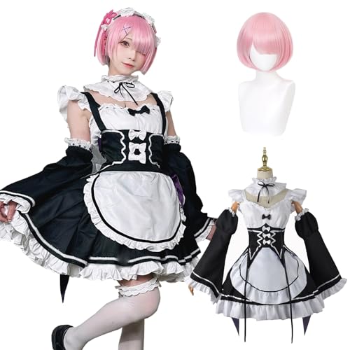 Fiamll Costume de cosplay Anime Ram Re Life In A Different World From Zero Maid - Ensemble complet - Costume de carnaval - Avec perruque - Pour femme et fille...