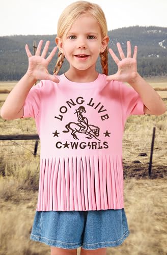 Image of Girls Western Shirt Cowgirls Embroidered Country Concert T Shirt Graphic Horseback Rider Tassel Fringe Tee Tops