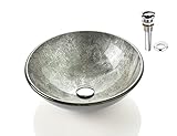 Fanwin Star Honeysuckle Series Round Tempered Deco Glass Vessel Bathroom Sink | Top Mount Sinks Above Countertop |Handicraft Vanity Countertop Sink Bowl with Pop Up Drain |FW-LA624