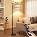 QIYIZM Floor Lamp for Living Room Bedroom with Remote Boho Rattan Arc Standing Lamp Dimmable Black Farmhouse Wicker Bamboo Lamp Shade Floor Light Adjustable Tall Lamp Industrial Floor Lamps Bohemian