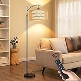 QIYIZM Floor Lamp for Living Room Bedroom with Remote Boho Rattan Arc Standing Lamp Dimmable Black Farmhouse Wicker Bamboo Lamp Shade Floor Light Adjustable Tall Lamp Industrial Floor Lamps Bohemian
