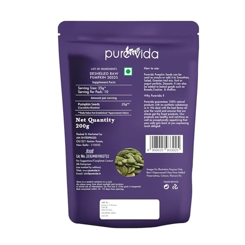 Image of Purevida Pumpkin Seeds 200gm | High in Protein, Fiber & Healthy Fats | Superfood for Heart Health & Weight Management | Gluten-Free, Vegan & Natural | Perfect for Snacking, Baking, Salads & Smoothies