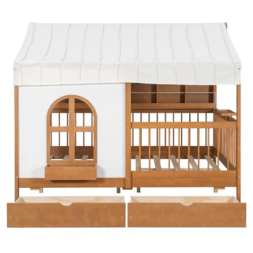 Image of Full Size House Bed with 2 Large Drawers & LED Strip Walnut-T | Side Bookshelf, Cozy Reading Nook & Playhouse for Boys & Girls Bedroom