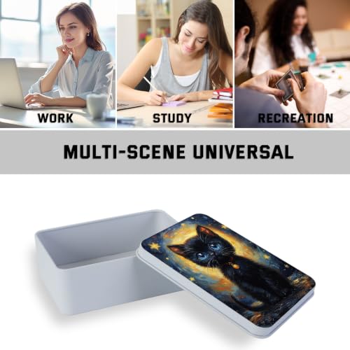 Image of Metal Tin Box with Lid,Multi-functional Storage Box Can Store Tea Biscuits Game Cards, Playing & Tarot Cards-Comes with 4 Magnetic Cord Clips,Black Kitten Painting