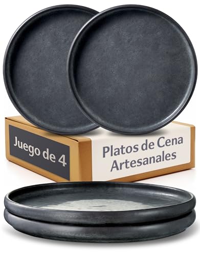 Cosumy Set de 4 Platos de Postre Negros Ø22 cm – Platos Ceramica Artesanales con Esmalte Reactivo – Plato aptos para Microondas y Lavavajillas – Set de 4 Platos llanos Sueltos – Platos Pequeños