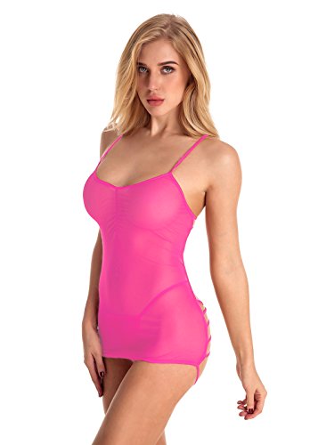 Women Sexy Lingerie Teddy Deep V Halter Lace Ceinture Transparent Pajamas Pink - Thumbnail 3