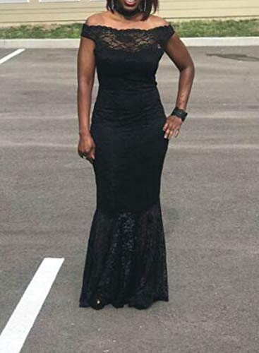 Elapsy Womens Sexy Elegant Off Shoulder Bardot Lace Evening Gown Fishtail Maxi Party Formal Dress Black Medium
