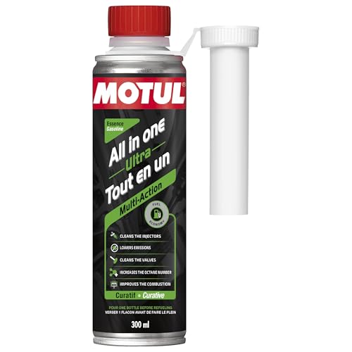 MOTUL Aditivo de Acción Múltiple All In One Gasolina, Limpiador Curativo de Inyectores y Carburadores, Reducción de Consumo y Emisiones, Ideal Antes de la ITV, All In One Ultra Gasoline, 300 ml