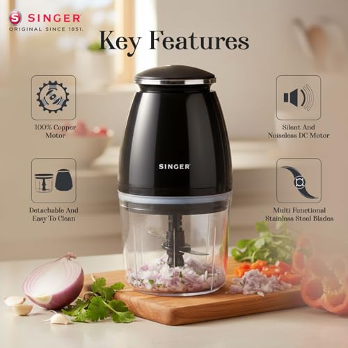 Image of SINGER Nexchop Mini Single Speed Electric Chopper 350W | 700ml Bowl | 4 Stainless Steel Blades | Low Noise | Lightweight | ISI Certified | 2-Year Warranty