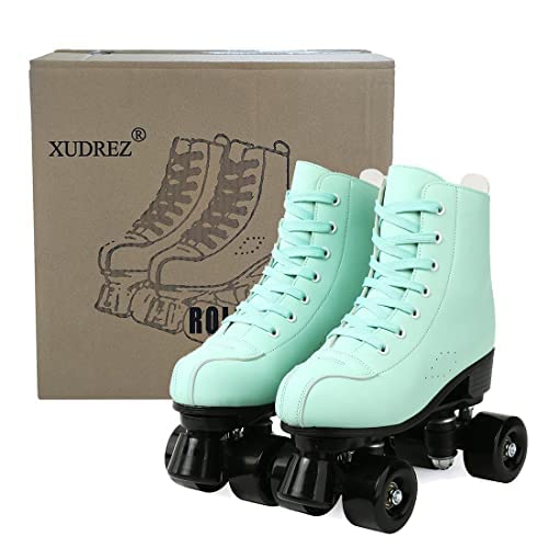 Xudrez Roller Skates For Women Cozy Green Pu Leather High-Top Roller Skates For Beginner, Professional Indoor Outdoor Double-Row Roller Skates With Shoes Bag (Black Wheel,38) #TOP5