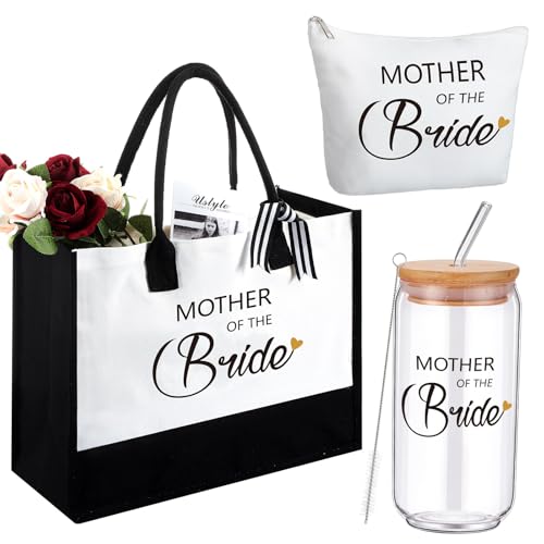 Tudomro 3 Pcs Mother of the Groom Bride Bridal Shower Wedding Gift Canvas Tote Bag Makeup Bag Glass Cup with Lid Straw(Retro Style)