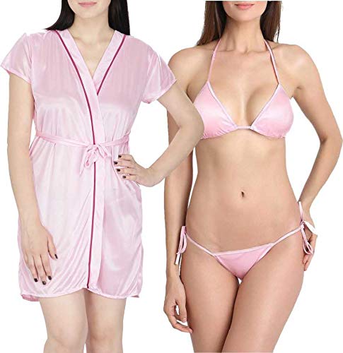 Image of You Forever Women Nightwear Sleepwear Lounge wear Soft Satin Robe Nightgown Short gown with Belt and Elegant Bikini Lingerie Set