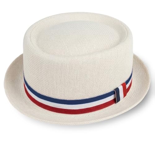 Evankin Straw Boater Hat with Stripes Band Derby Hat for Men Women Short Brim Sun Hat for Summer Beach Travel(White)