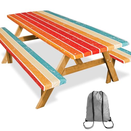 SiorVeol Picnic Table Cover with Bench Covers 72in Camping Essentials Reusable Waterproof Windproof Camping Tablecloth Fitted Rectangle Tables and Seats, Orange Blue Rainbow