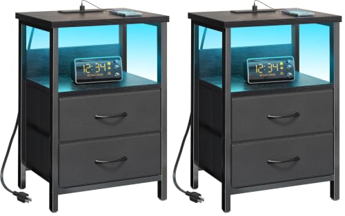 Image of Fixwal Night Stand with Charging Station, Black Led Nightstand, 2 Drawers (Pack of 2)