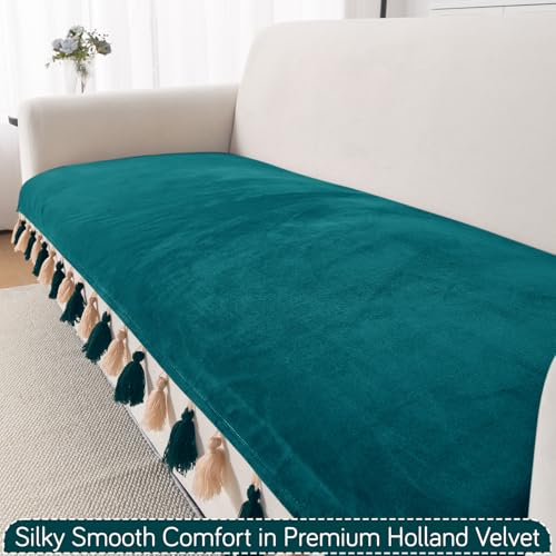 Image of HOKIPO 6 Seater Sofa Cover Mat with Tassel in 3+2+1 Configuration | Dyed Holland Velvet Fabric | 'TasselTone Series' | Teal (IN-1108+1106+1104-TL)