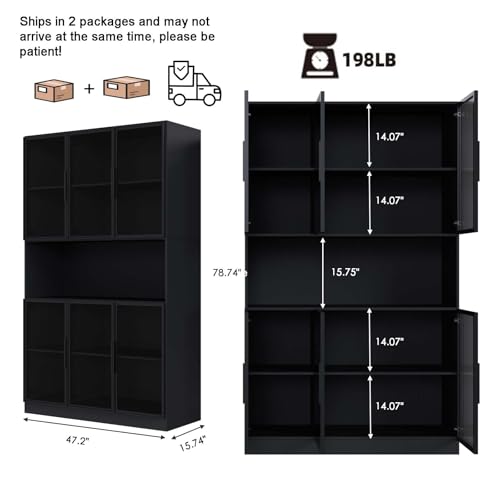 Bobve Display Cabinet with 6 Glass Doors and LED Light, 5-Tier Storage Shelve, Bookcase, Display Case for Collectibles, 78.7\" Tall Curio Cabinets, Black-(47.2 \"W x 16.5 \"D x 78.7 \"H)