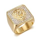 Vintage Fuax Diamond Carved Lion Head Signet Gold Plated Ring for Men,Animal Stainless Steel Iced Out Bling Square Top Thumb Pinky Ring,Pink Biker Cool Ring Fashion Pirate Rocker Jewelry(8)