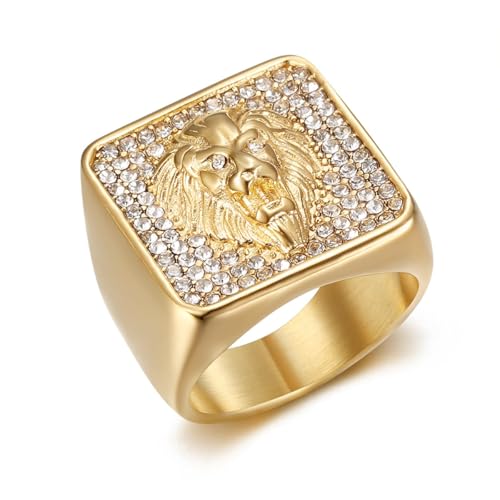 Vintage Fuax Diamond Carved Lion Head Signet Gold Plated Ring for Men,Animal Stainless Steel Iced Out Bling Square Top Thumb Pinky Ring,Pink Biker Cool Ring Fashion Pirate Rocker Jewelry(8)