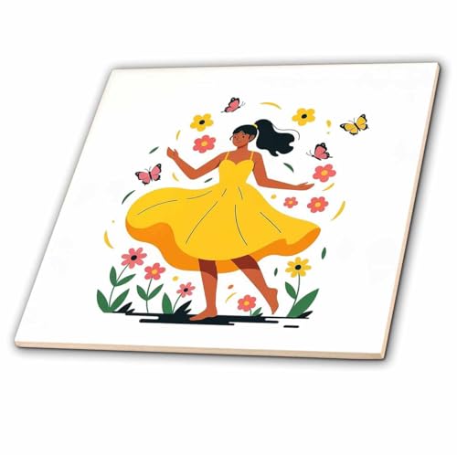 3dRose Brunette Girl in Yellow Dress in the Summer Garden.