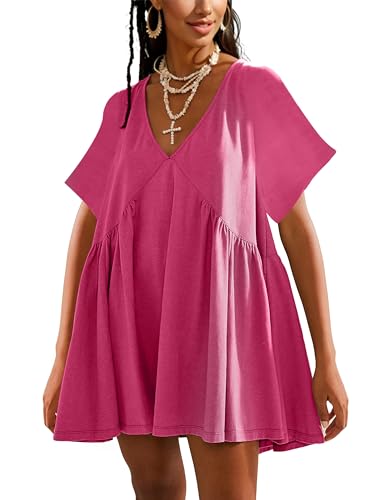 Image of Gozoloma Women Summer Short Sleeve Mini Dress Casual Loose V Neck Flowy Sundress Vacation Tshirt Sun Dress with Pockets