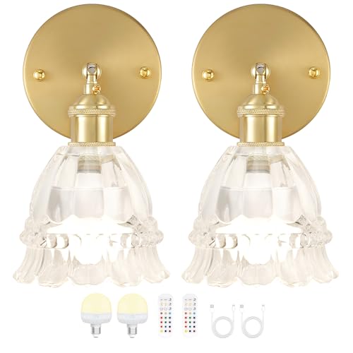 Image of Wireless Wall Sconce with Flower lampshade, Battery Operated Wall Lights,Wall lamp with 15 Colors for Bedroom Living Room Home Decor (Clear-Lily,2 Light Battery Operated)