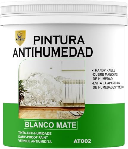 SPSIL Pintura Antihumedad Blanco Mate - Elimina y Previene Humedades y Moho - Para Paredes, Techos, Baños, Cocinas - Transpirable, Secado Rápido