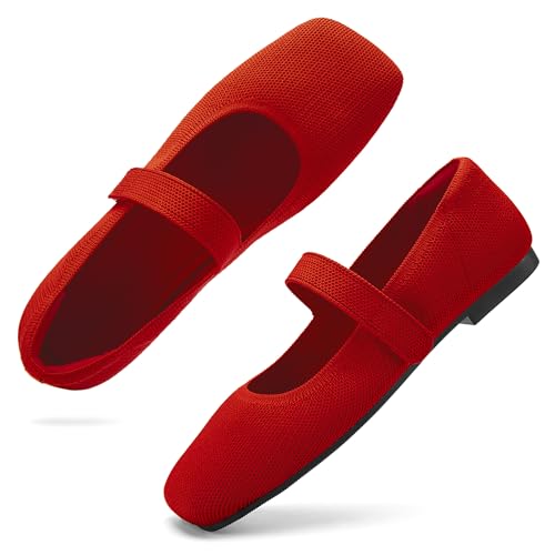 Wide Toe Box Flats Women Comfort Slip On Ballet Shoes Mary Jane Dressy Knit Flats with Adjustable Straps Washable Casual Office