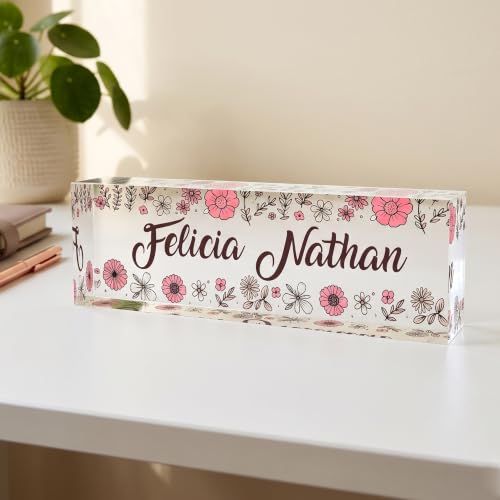 Image of Personalized Clear Acrylic Desk Nameplate | Pink Floral Design Custom Office Decor Beautiful Botanical Gift for Women