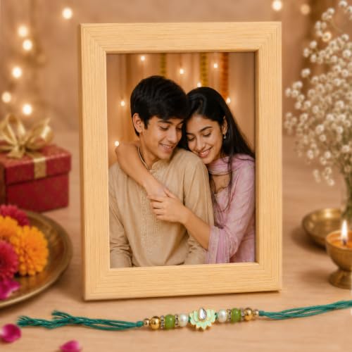 Image of Art Street Table Rectangular Photo Frame with Lotus Floral Rakhi, Plexi Glass, Engineered Wood Classic Photo Frame for Home and Office Decoration Tabletop (Beige, Size- 4x6 Inch)