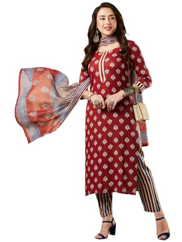 Kurta droite en coton mélangé rouge avec pantalon et dupatta GoSriKi taille M pour femme