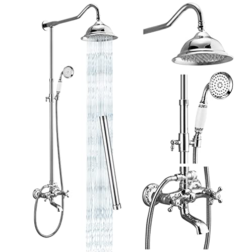 Exposed Shower System Set Polish Chrome 8 Rain Shower Faucet 2 Double Knobs Handle Triple Function Tub Spout Luxry Shower Fixture Combo Unit Set 12 Inch Extension Tube Included #TOP21