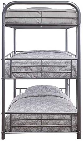 Side view of the triple twin bunk bed with bedding.