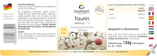 Taurin Kapseln - 3600mg Taurin pro Tagesdosis - 120 Kapseln - hochdosiert - vegan | Warnke Vitalstoffe - Deutsche Apothekenqualität
