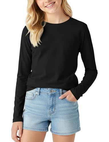 PATPAT Girls T Shirts Size 13-14 Years Black Long Sleeve Crewneck Cotton Plain Tees Teen Girl Casual Basic Tops Blouses