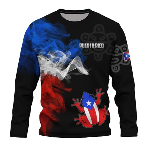 Puerto Rican Flag Long Sleeve T-Shirt for Men 3D Frog Print Shirt Puerto Rican Graphic Casual Round Neck Long Sleeve Top