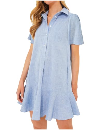Women's Button Down Shirt Dress Summer Casual Short Sleeve Cotton Linen Ruffle Shift Mini Dresses