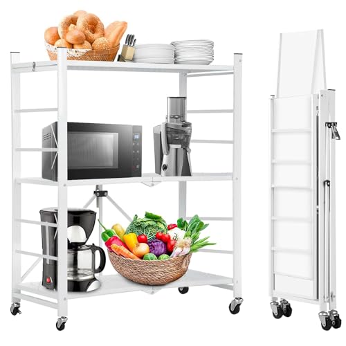 Image of ABOUT SPACE 3 Tier Pre - Assembled Multipurpose Foldable Kitchen Storage Rack with Wheels | Metal Shelf Rack for Storage Upto 90kg| L 75 x B 36 x H 85 cm Steel Rack for Home, Office, Garage - White