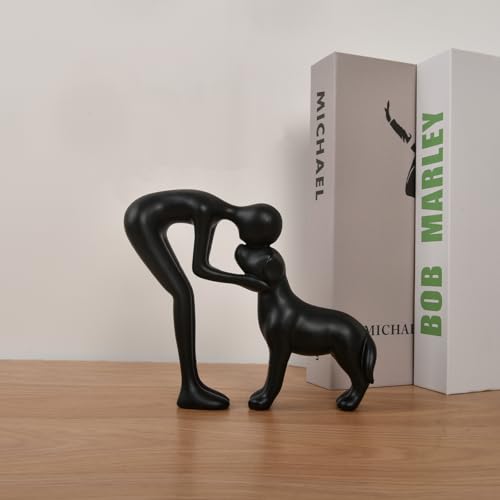 FriyGardcn Hunde-Skulptur, Heimdekoration, niedlicher Mann und Hund, Dekoration für Büro, Wohnzimmer, Schlafzimmer, Zuhause, Erinnerungsgeschenke für Tierliebhaber (schwarz)