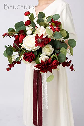 Bencentre 14" Burgundy Wedding Bouquet Fabric Austin Rose Mix Artificial Flowers, Bridal Bouquet For Wedding Ceremony Anniversary, Bridal Shower, Party And French Rustic Vintage Wedding #TOP7