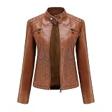 MU-PPX Damen Mäntel Einfarbige Damen-Lederjacke Mit Stehkragen Und Schmaler Passform,Kamel,XXL