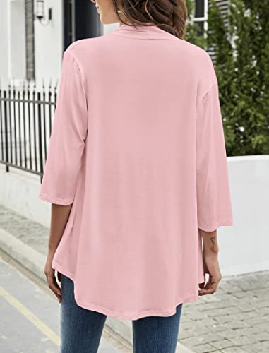 Image of Yekaty Women Cardigan 3 /4 Sleeves Open Front Lightweight Cardigan Draped Ruffles Knit Cardigan