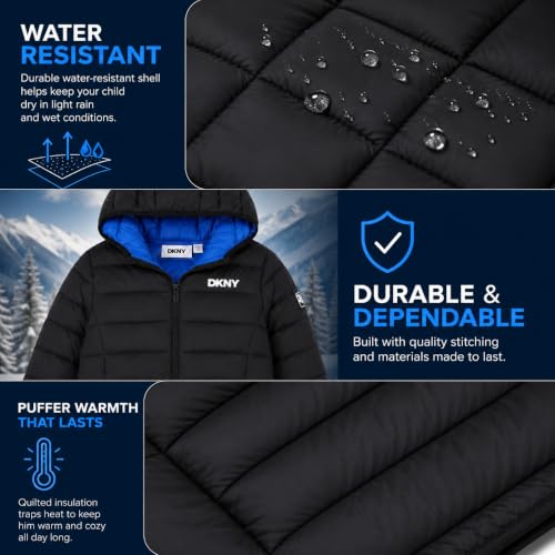 Image of DKNY Boys Winter Jacket, Midweight Puffer Coat, Weather Resistant, Hooded